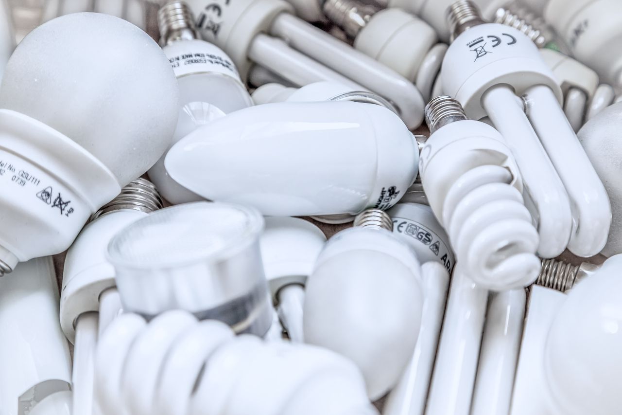 Pile of diverse energy-efficient light bulbs showcasing an array of designs and functionalities.
